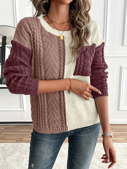 Women's Colorblock Cable Knit Sweater - Burgundy Colorblock