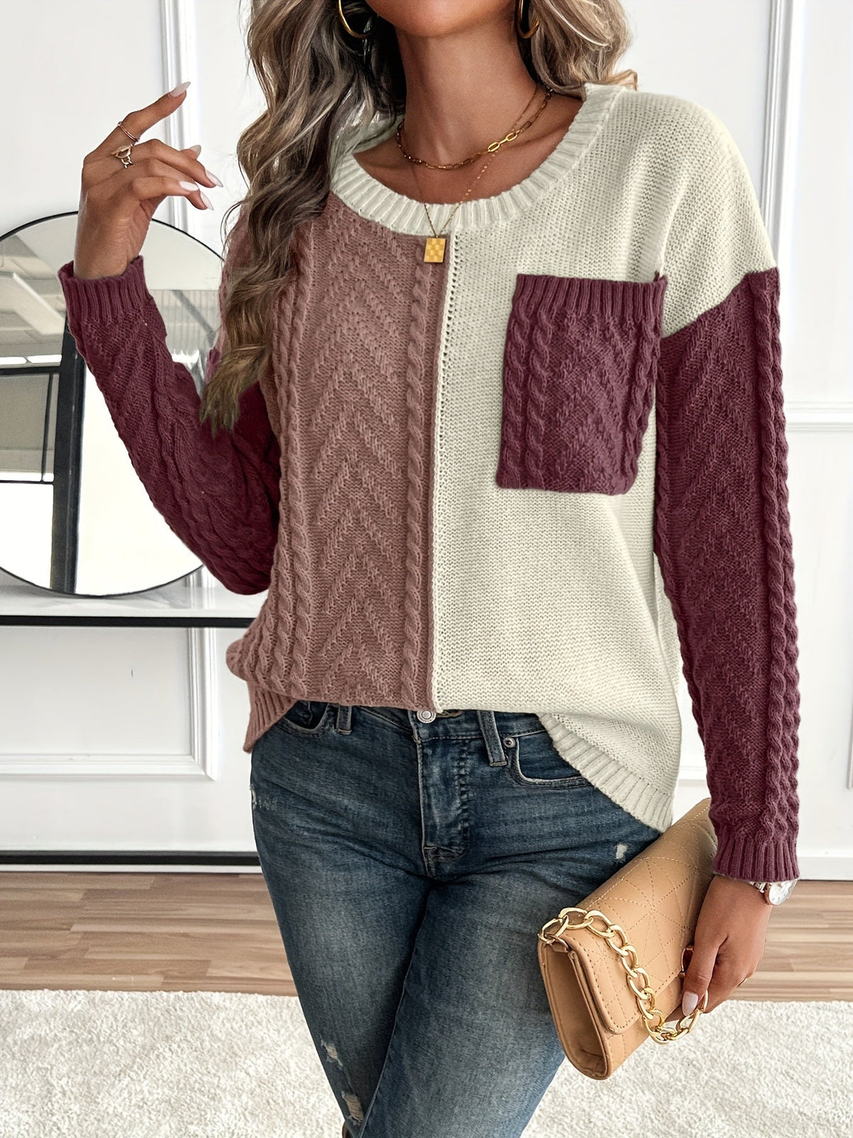 Women's Colorblock Cable Knit Sweater - Burgundy Colorblock