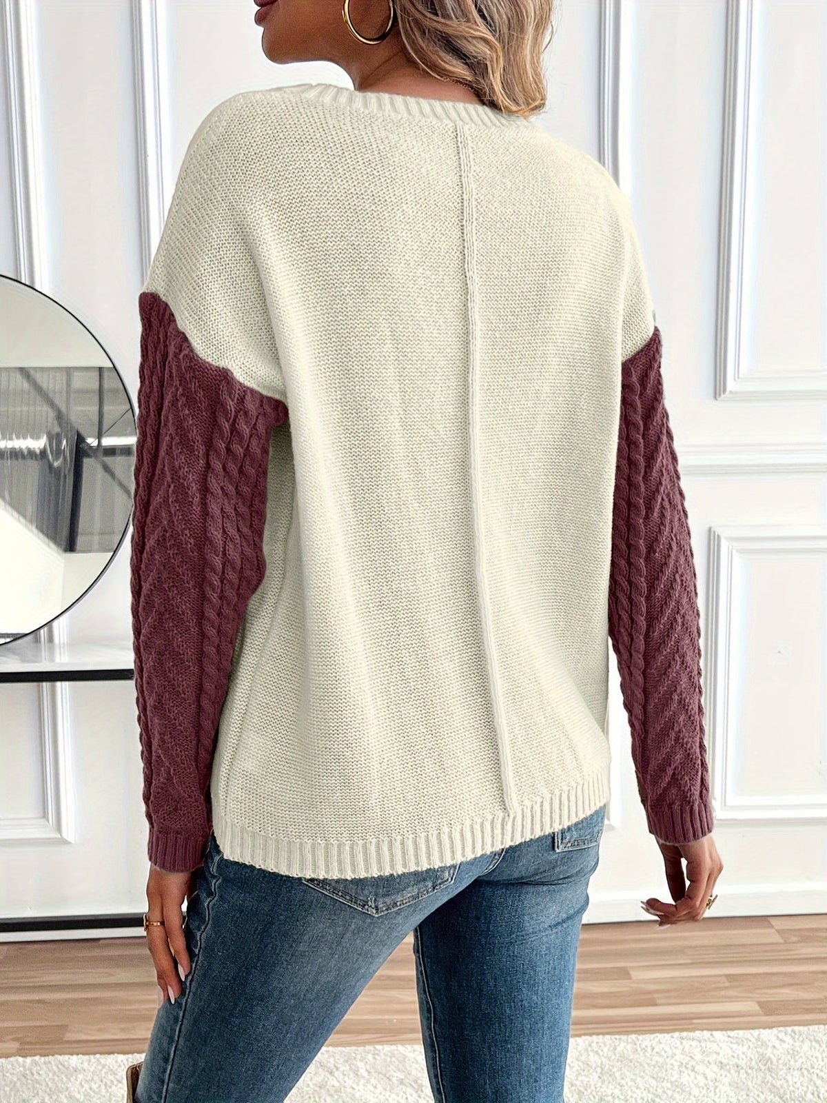 Women's Colorblock Cable Knit Sweater - Burgundy Colorblock