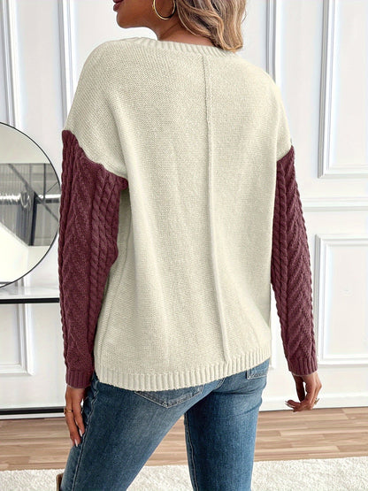 Women's Colorblock Cable Knit Sweater - Burgundy Colorblock