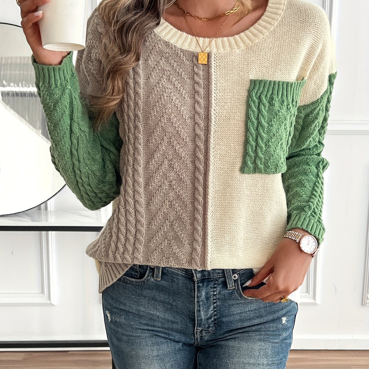 Women's Colorblock Cable Knit Sweater - Green Colorblock