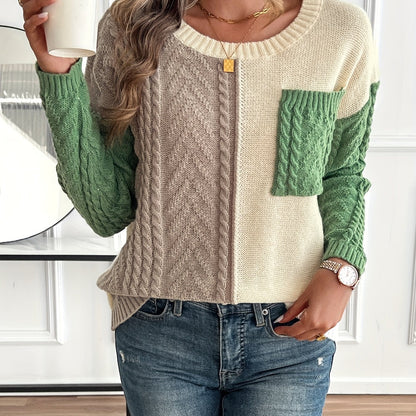 Women's Colorblock Cable Knit Sweater - Green Colorblock