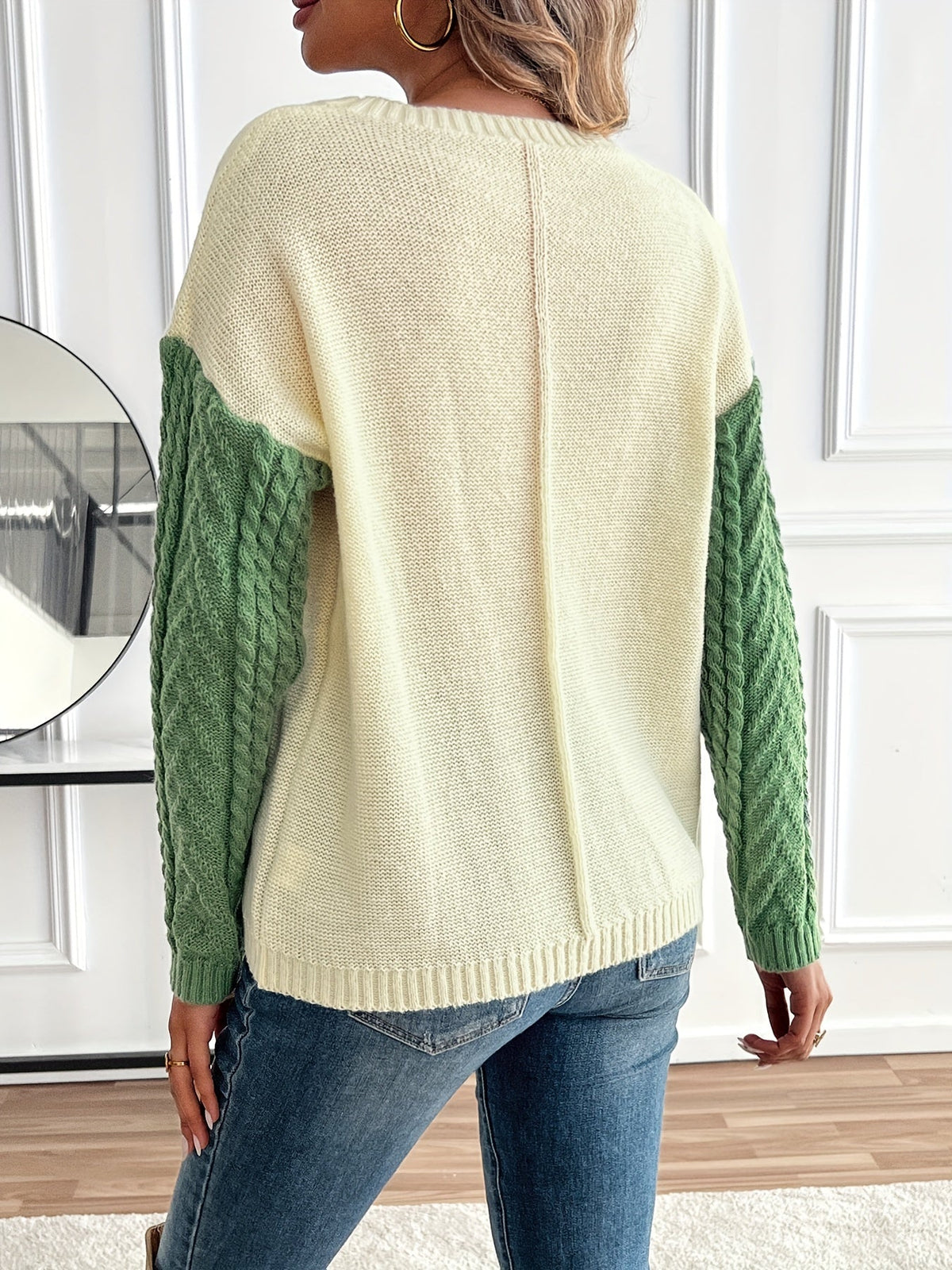 Women's Colorblock Cable Knit Sweater - Green Colorblock