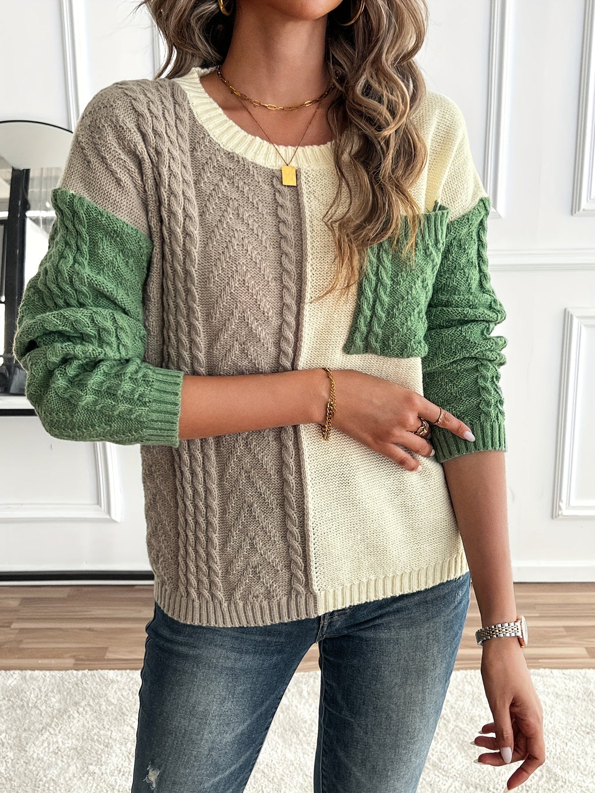Women's Colorblock Cable Knit Sweater - Green Colorblock
