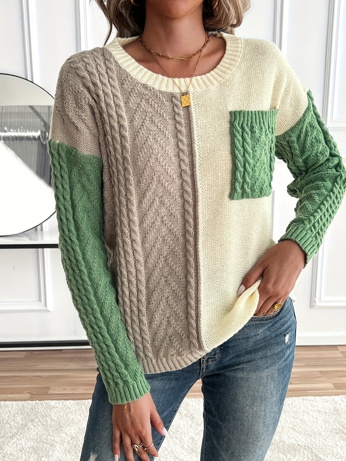 Women's Colorblock Cable Knit Sweater - Green Colorblock