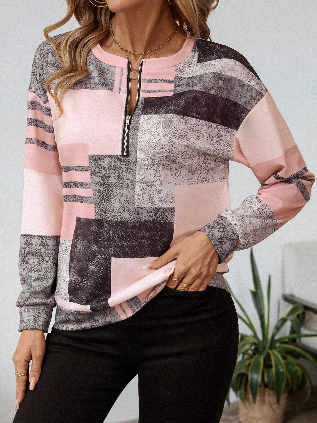 Women's Colorblock Patchwork Quarter-Zip Top - Pink