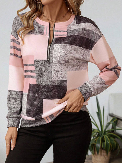 Women's Colorblock Patchwork Quarter-Zip Top - Pink