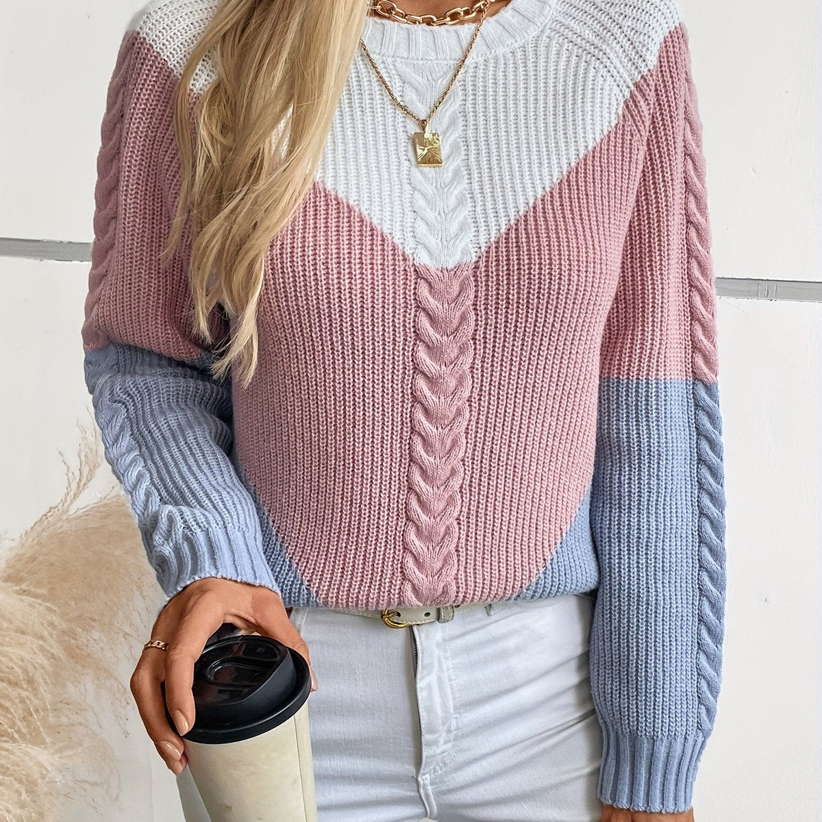 Women's Colorblock Round Neck Knit Sweater - Pink Colorblock