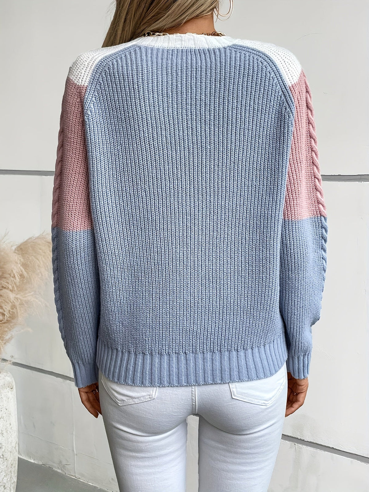 Women's Colorblock Round Neck Knit Sweater - Pink Colorblock