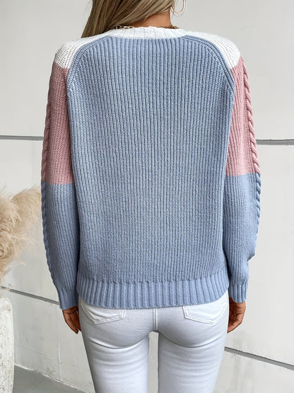 Women's Colorblock Round Neck Knit Sweater - Pink Colorblock