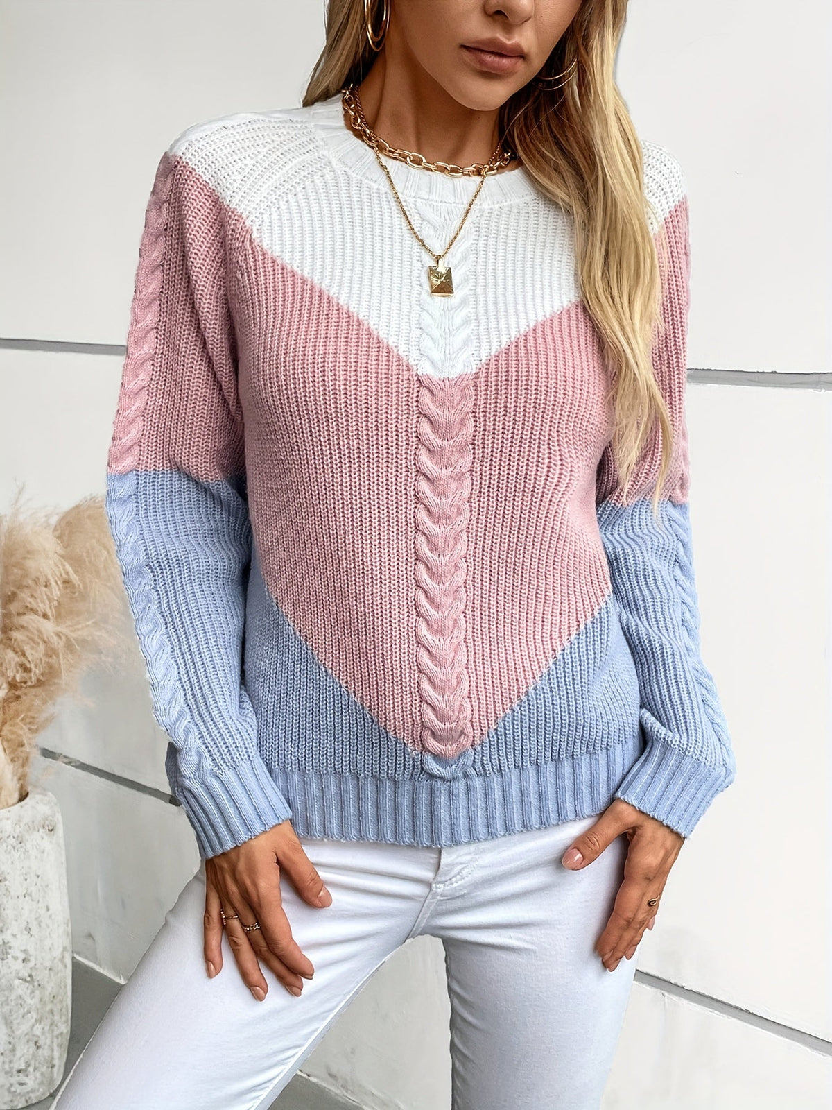 Women's Colorblock Round Neck Knit Sweater - Pink Colorblock