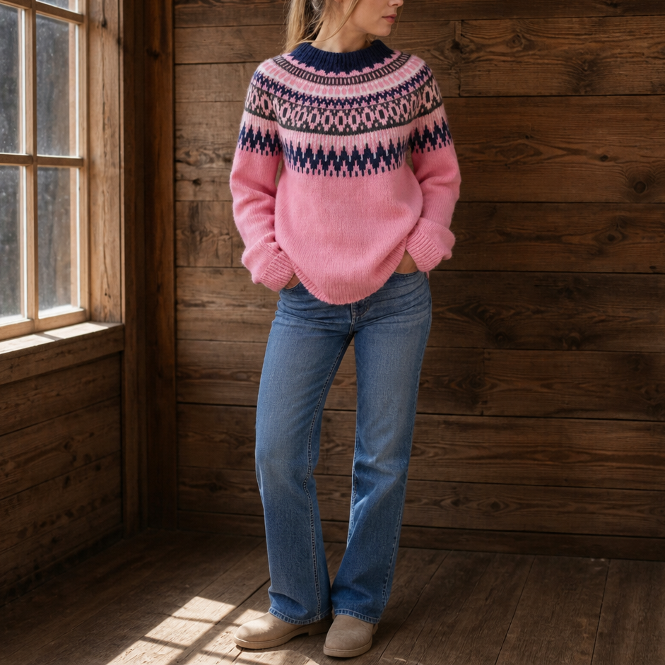 Women's Colorblock Yoke Knit Sweater - Bright Pink