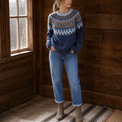 Women's Colorblock Yoke Knit Sweater - Navy Blue