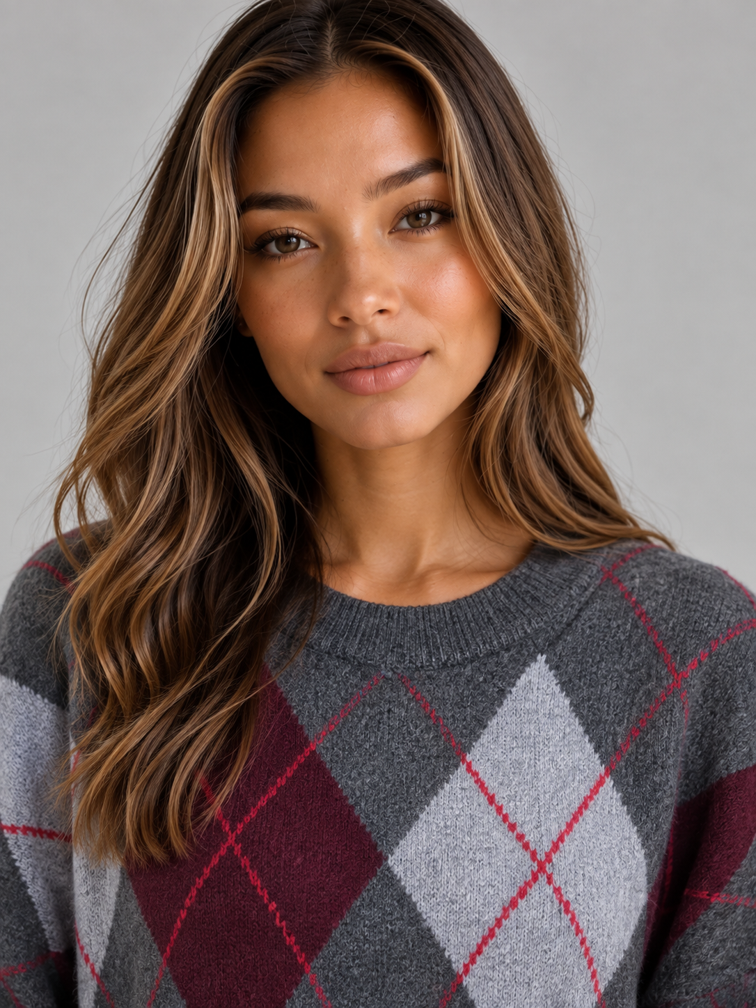 Women's Contrast Argyle Crew Neck Knit Sweater - Gray Argyle