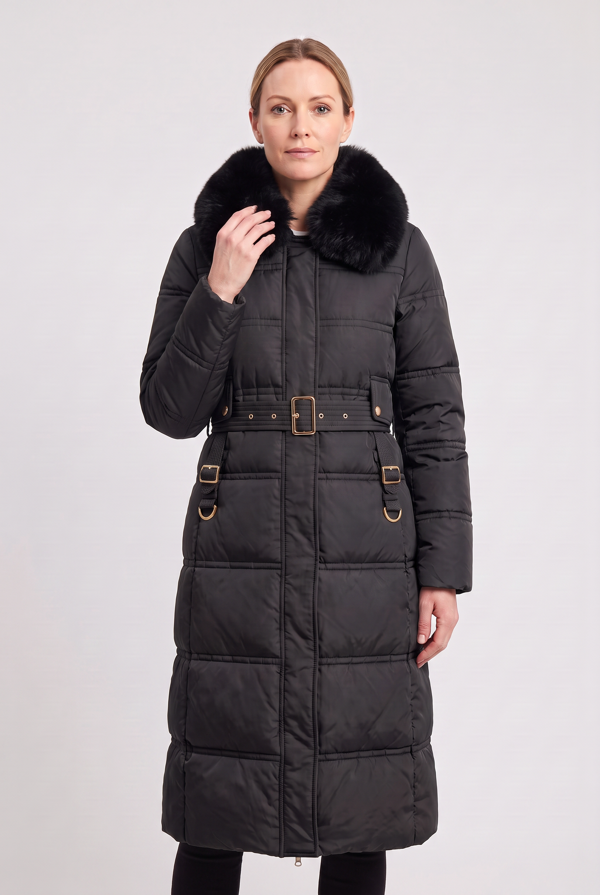 Women's Contrast Collar Hooded Longline Puffer Coat - Black