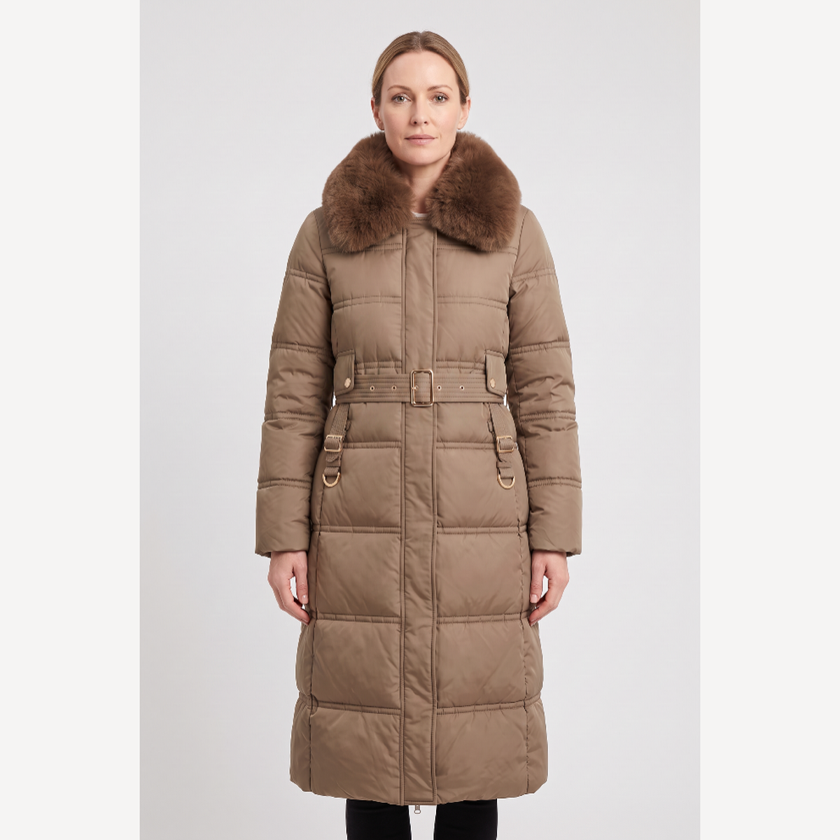 Women's Contrast Collar Hooded Longline Puffer Coat - Brown