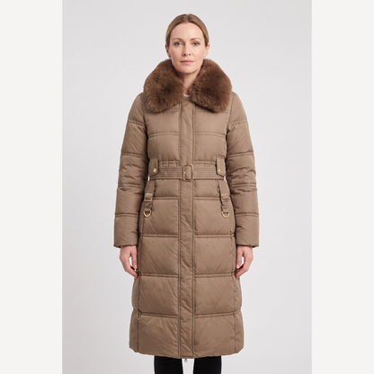 Women's Contrast Collar Hooded Longline Puffer Coat - Brown