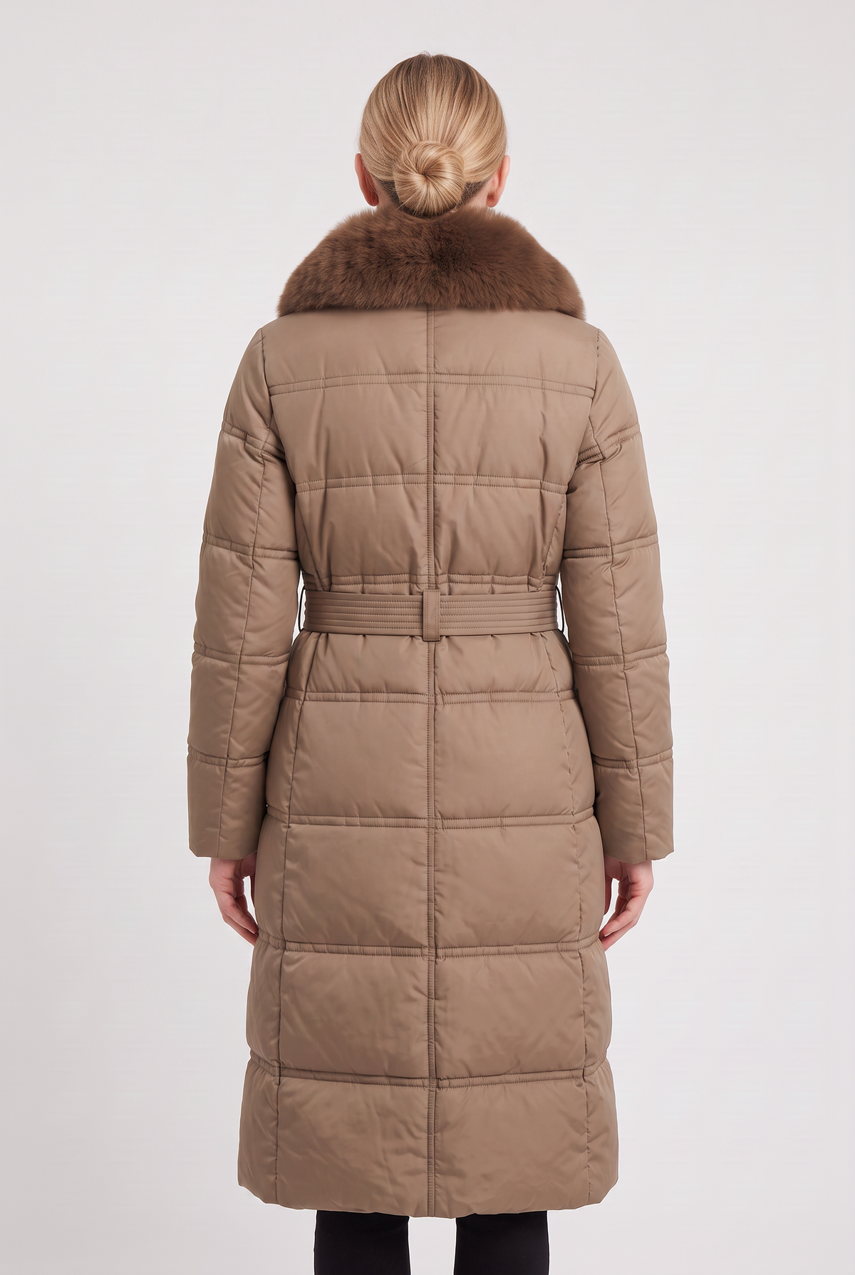 Women's Contrast Collar Hooded Longline Puffer Coat - Brown