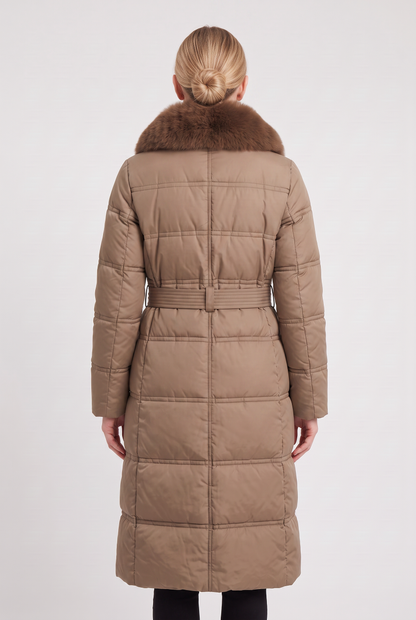Women's Contrast Collar Hooded Longline Puffer Coat - Brown