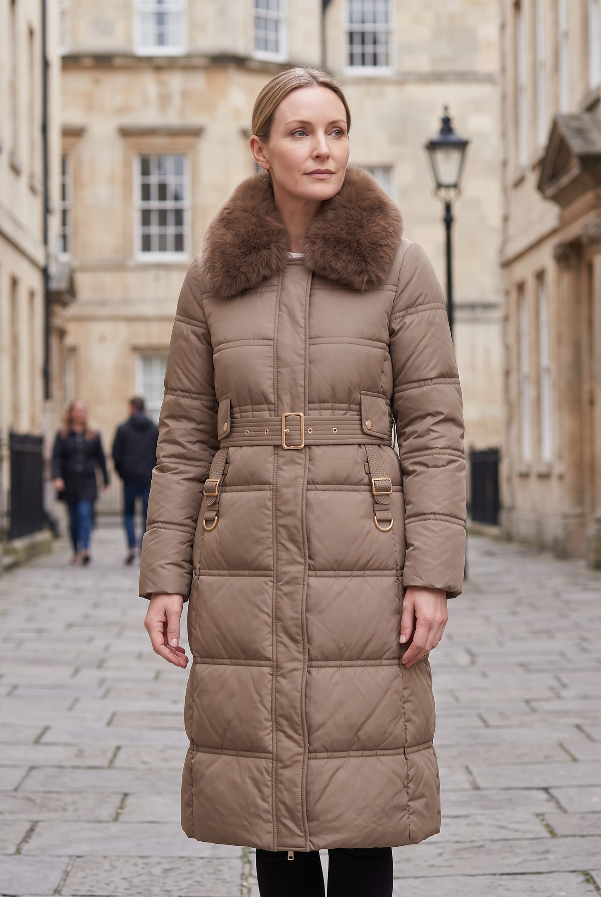 Women's Contrast Collar Hooded Longline Puffer Coat - Brown