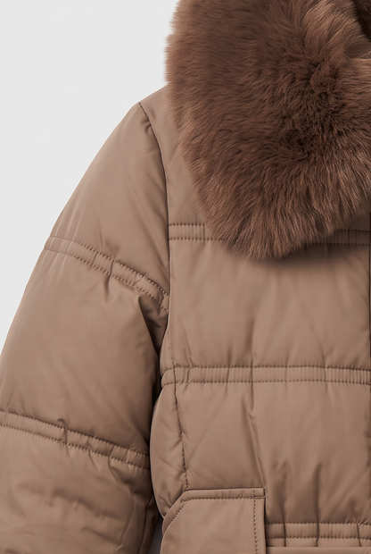 Women's Contrast Collar Hooded Longline Puffer Coat - Brown