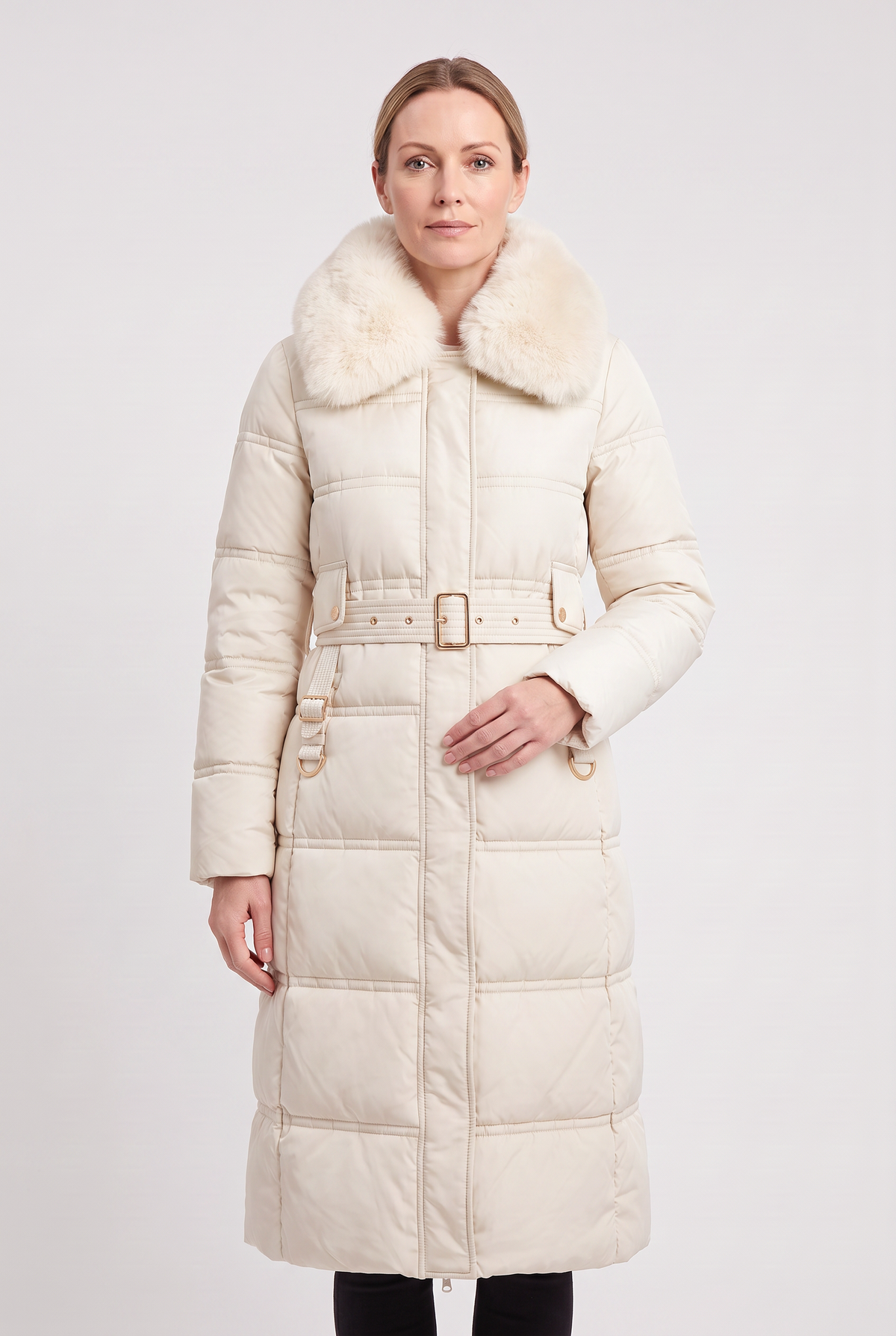 Women's Contrast Collar Hooded Longline Puffer Coat - Ivory
