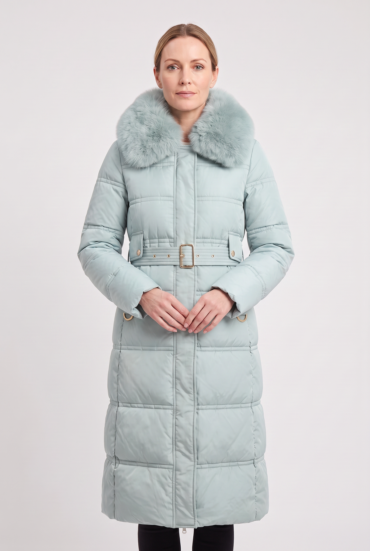 Women's Contrast Collar Hooded Longline Puffer Coat - Sage