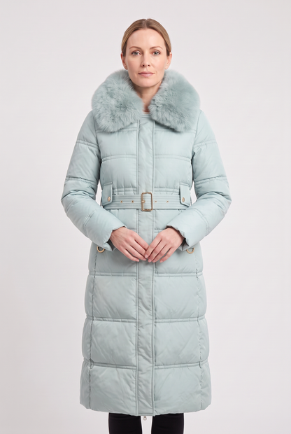 Women's Contrast Collar Hooded Longline Puffer Coat - Sage