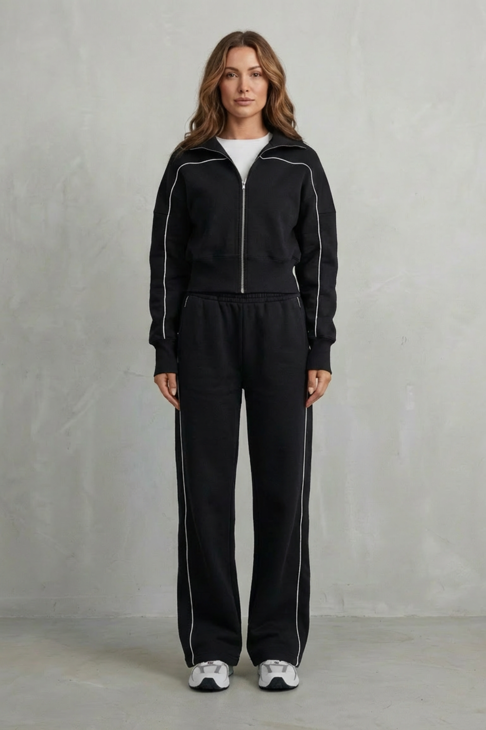 Women's Contrast Piping Zip-Front Tracksuit Set - Black