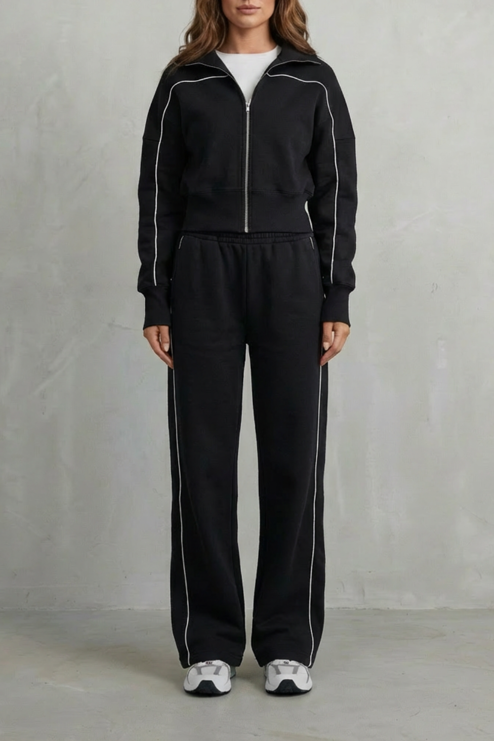 Women's Contrast Piping Zip-Front Tracksuit Set - Black