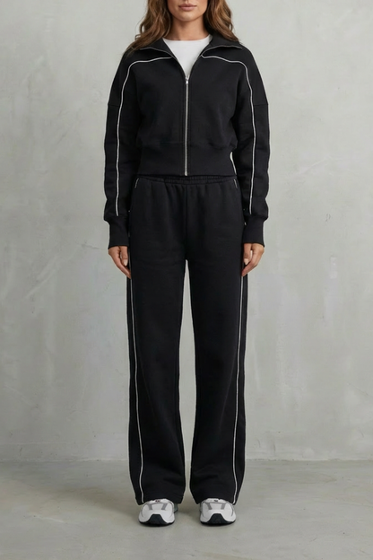Women's Contrast Piping Zip-Front Tracksuit Set - Black
