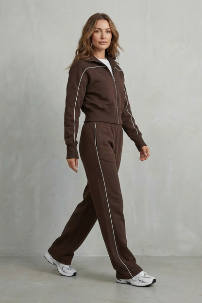 Women's Contrast Piping Zip-Front Tracksuit Set - Chocolate Brown