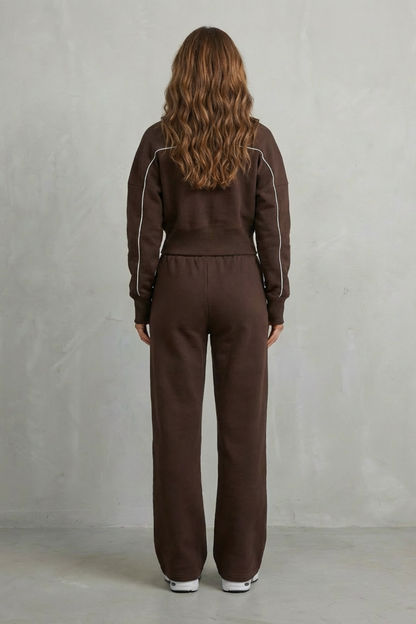 Women's Contrast Piping Zip-Front Tracksuit Set - Chocolate Brown