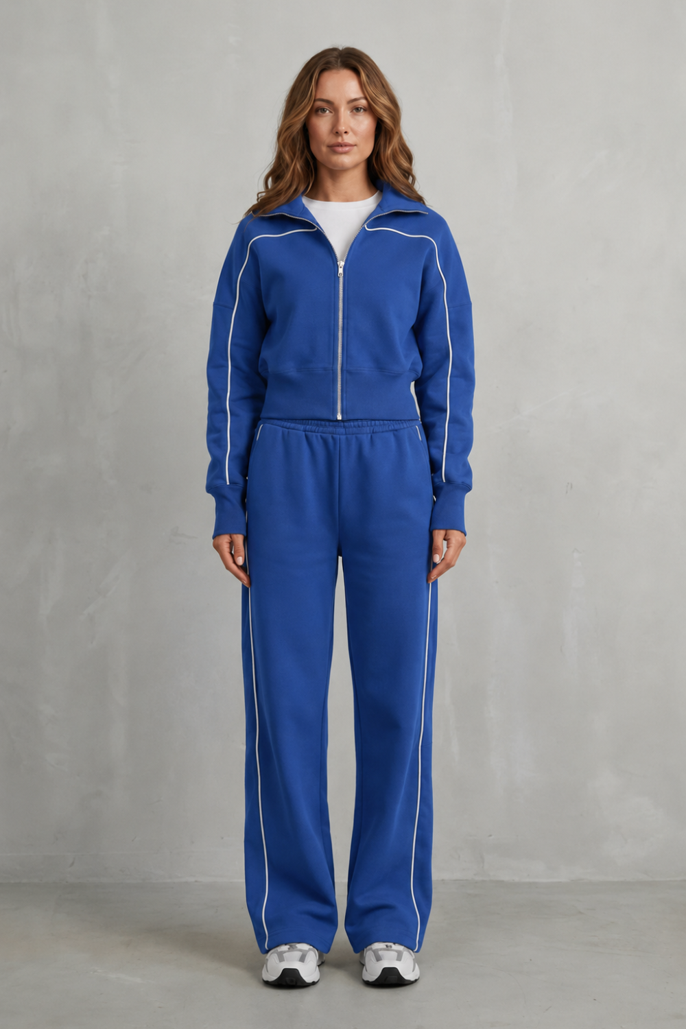 Women's Contrast Piping Zip-Front Tracksuit Set - Cobalt Blue