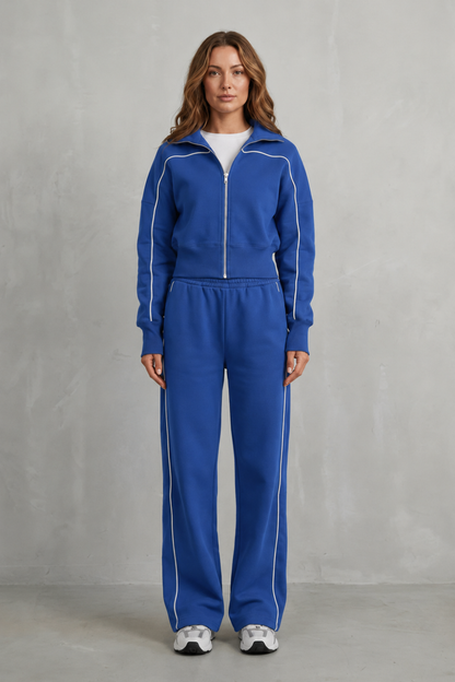 Women's Contrast Piping Zip-Front Tracksuit Set - Cobalt Blue
