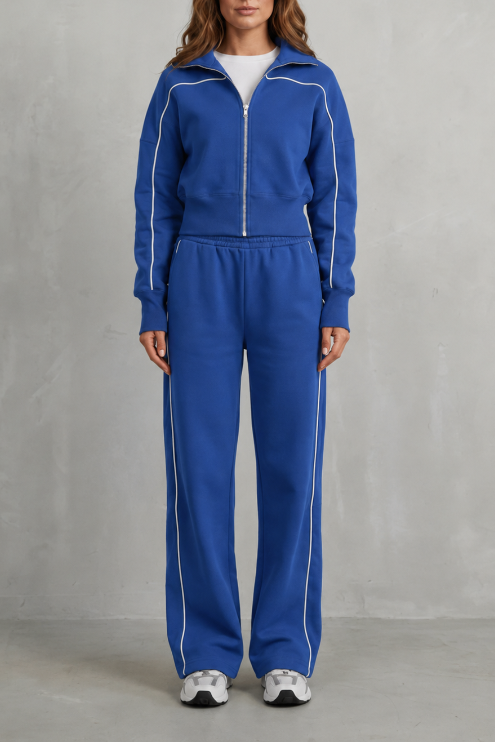 Women's Contrast Piping Zip-Front Tracksuit Set - Cobalt Blue
