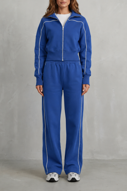 Women's Contrast Piping Zip-Front Tracksuit Set - Cobalt Blue