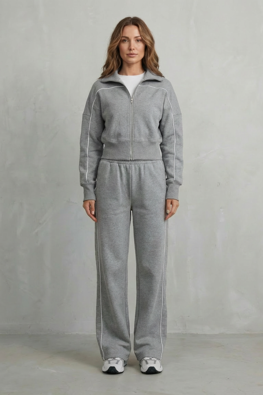 Women's Contrast Piping Zip-Front Tracksuit Set - Gray