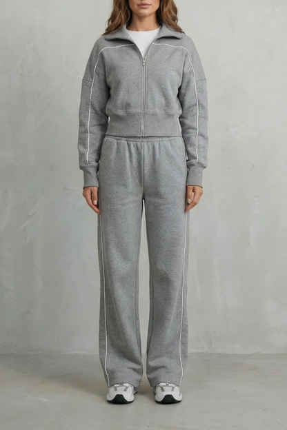 Women's Contrast Piping Zip-Front Tracksuit Set - Gray