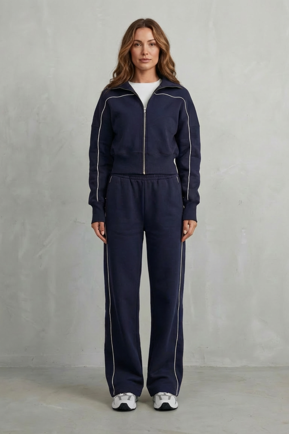 Women's Contrast Piping Zip-Front Tracksuit Set - Navy