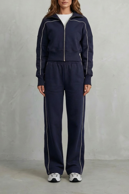 Women's Contrast Piping Zip-Front Tracksuit Set - Navy