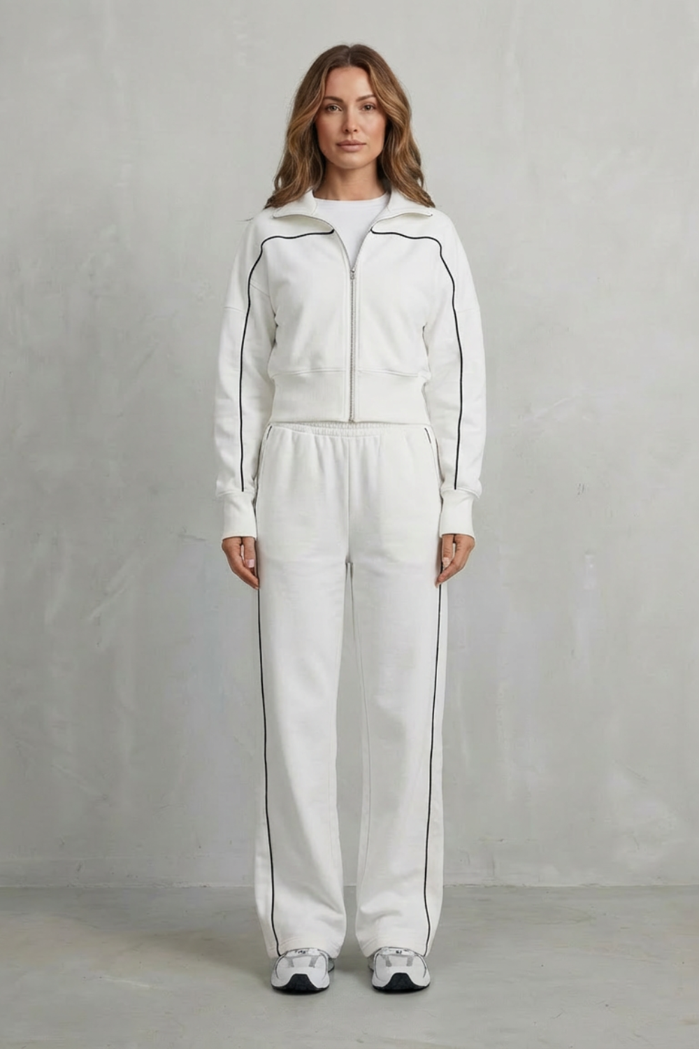 Women's Contrast Piping Zip-Front Tracksuit Set - White