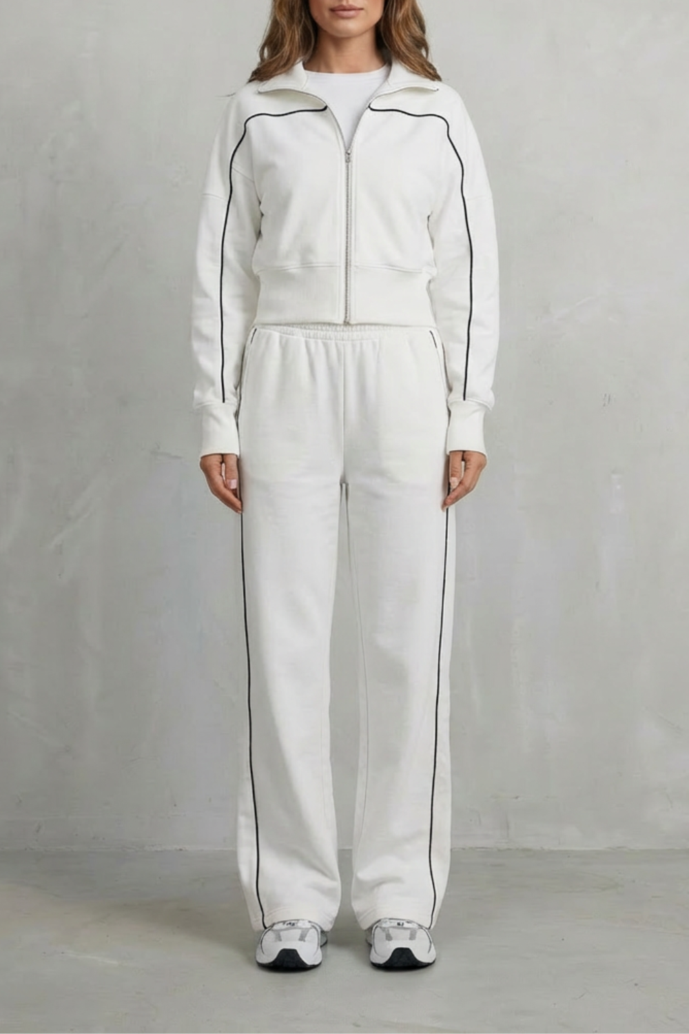 Women's Contrast Piping Zip-Front Tracksuit Set - White