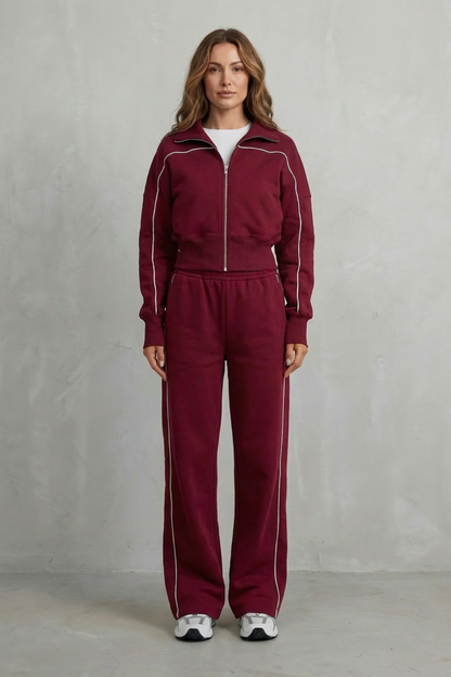 Women's Contrast Piping Zip-Front Tracksuit Set - Wine Red