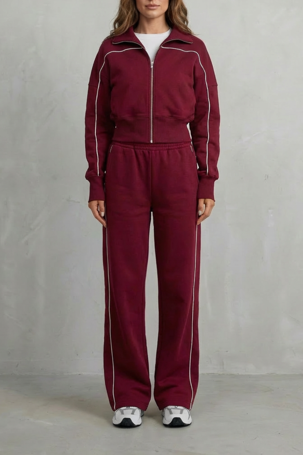 Women's Contrast Piping Zip-Front Tracksuit Set - Wine Red