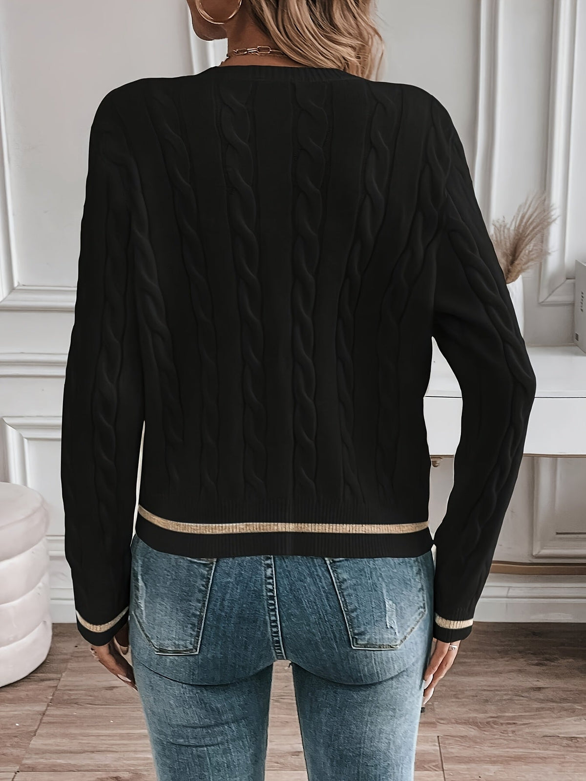 Women's Contrast Trim Cable Knit Cardigan - Black