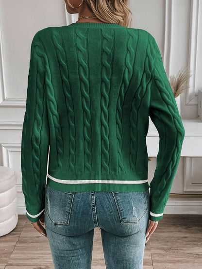 Women's Contrast Trim Cable Knit Cardigan - Green