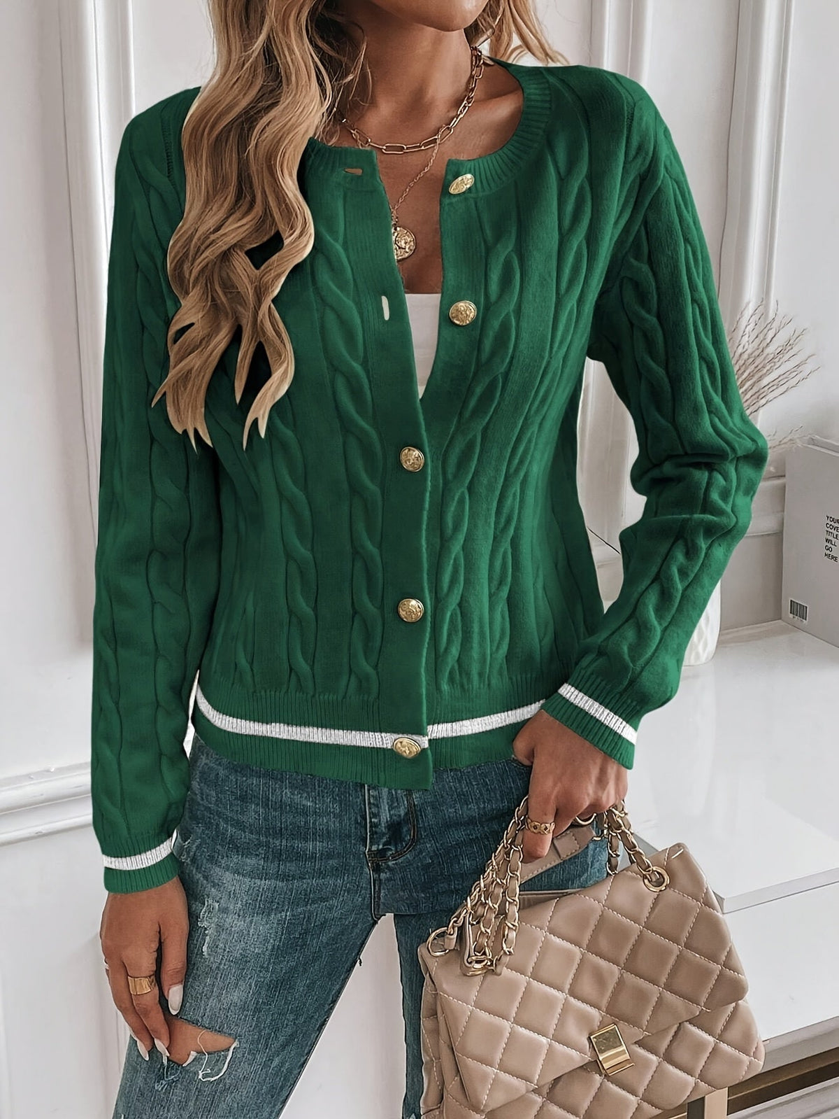 Women's Contrast Trim Cable Knit Cardigan - Green
