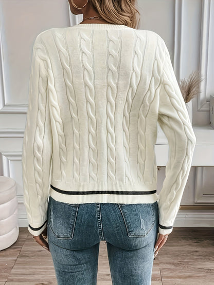 Women's Contrast Trim Cable Knit Cardigan - Ivory