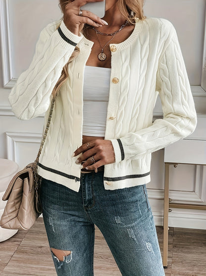 Women's Contrast Trim Cable Knit Cardigan - Ivory